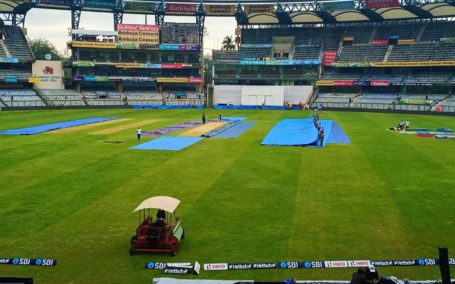 Rain-covered field at Wankhede Stadium, Mumbai