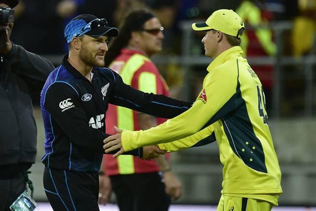 New Zealand captain Brendon McCullum (L) congratulates Australian captain Steve Smith following the second one-day international cricket match between New Zealand and Australia at Westpac Stadium in Wellington on February 6, 2016. AFP PHOTO / MARTY MELVILLE / AFP / Marty Melville (Photo by; MARTY MELVILLE/AFP/Getty Images)
