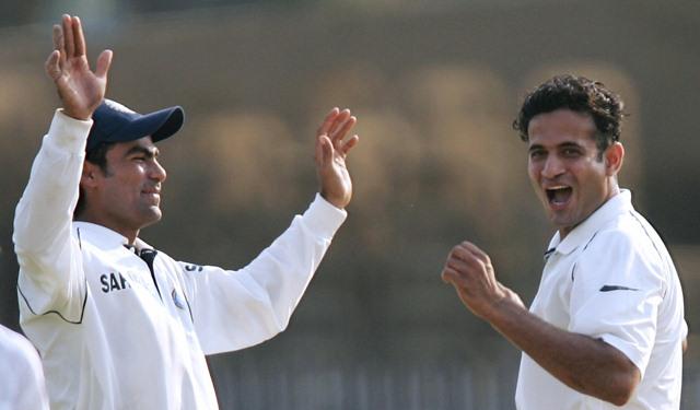 Nagpur, INDIA: Indian cricketers Mohammad Kaif (L), and Irfan Pathan (R), celebrate after Pathan trapped England's Geraint Jones (unseen) Leg Before Wicket (LBW) on the first day of the first Test at the VCA grounds in Nagpur, 01 March 2006. England struggled on day one to reach 246-7 at stumps after electing to bat first on an easy-paced pitch. England will play three test matches and seven one-day internationals aginst India on their two-month long tour and. AFP PHOTO/Indranil MUKHERJEE (Photo credit should read INDRANIL MUKHERJEE/AFP/Getty Images)
