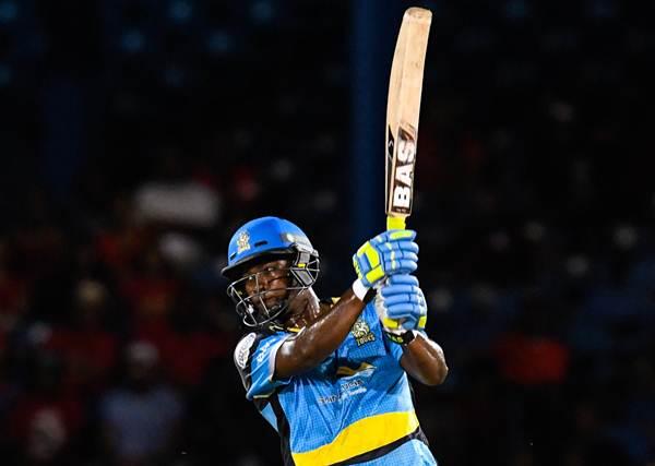 Johnson Charles of St Lucia Zouks hits 4 during Match 1 of the Hero Caribbean Premier League between Trinbago Knight Riders and St Lucia Zouks at the Queen's Park Oval in Port of Spain, Trinidad. (Photo By Randy Brooks/Sportsfile via Getty Images)