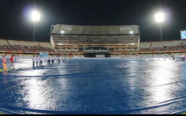 A rain-covered field at the Rajiv Gandhi International Stadium, Hyderabad