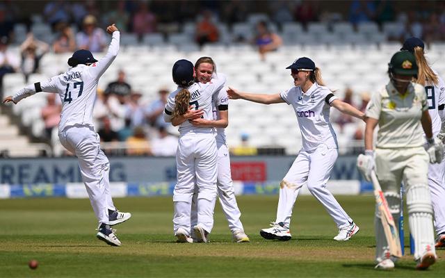 Lauren Filer maiden wicket celebration