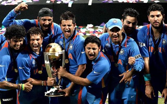 Team India celebrating with 2011 WC trophy