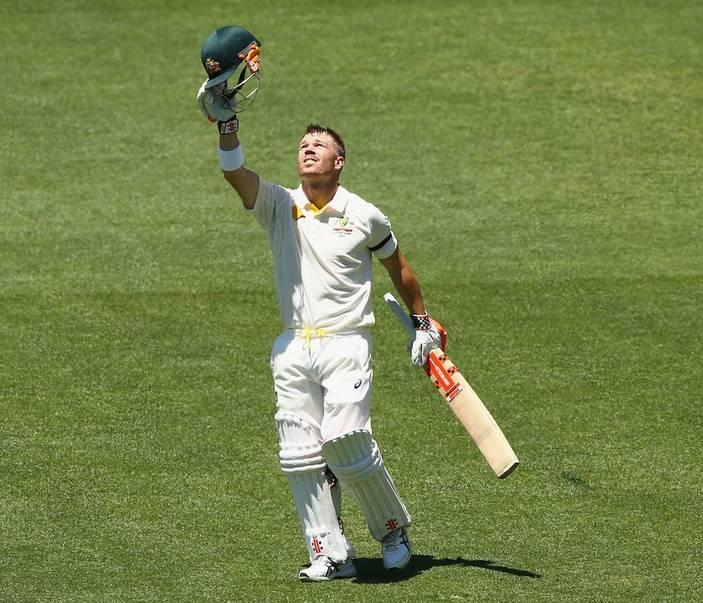 David Warner celebrates as he scores his 10th test century (Photo Source: Getty Images)