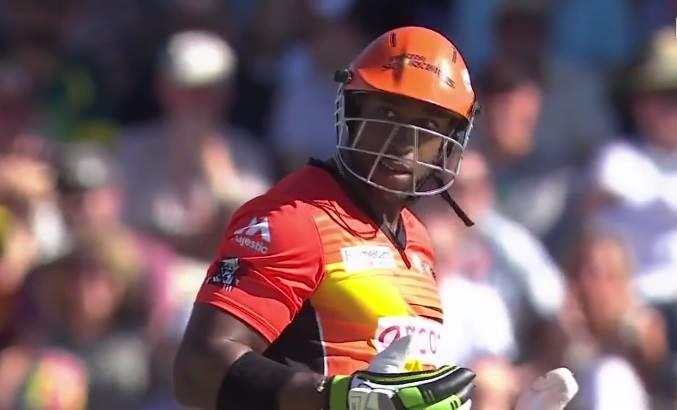 Michael Carberry sets his bat flying