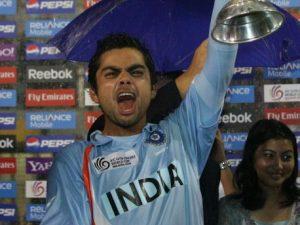 KUALA LUMPUR, MALAYSIA - MARCH 2 : Virat Kohli captain of India lifts aloft the World Cup after india defeated South Africa at the ICC U/19 Cricket World Cup Final match between India and South Africa held at the Kinrara Cricket Academy on March 2, 2008 in Kuala Lumpur, Malaysia. (Photo by Stanley Chou/Getty Images)