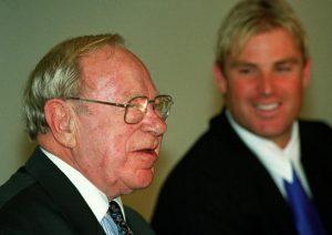 18 Jan 2000: Arthur Morris, named at number two has a laugh with Shane Warne, named at number nine looking on, at the presentation of the Australian test cricket Team of the Century, at the Darling Harbour Convention Centre, Sydney, Australia. MandatoryCredit: Hamish Blair/ALLSPORT