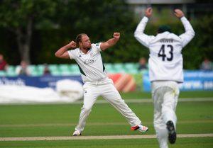 Joe Leach took three wickets on the first three balls of the game.  (Photo by Tony Marshall/Getty Images)