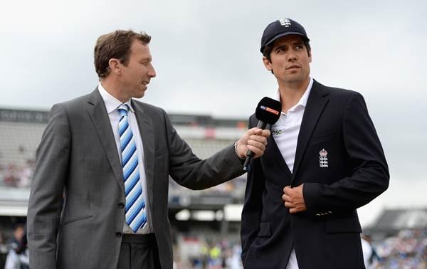 MANCHESTER, ENGLAND - AUGUST 07:  England captain Alastair Cook speaks with Sky Sports commentator Michael Atherton ahead of day one of 4th Investec Test match between England and India at Old Trafford on August 7, 2014 in Manchester, England.  (Photo by Gareth Copley/Getty Images)