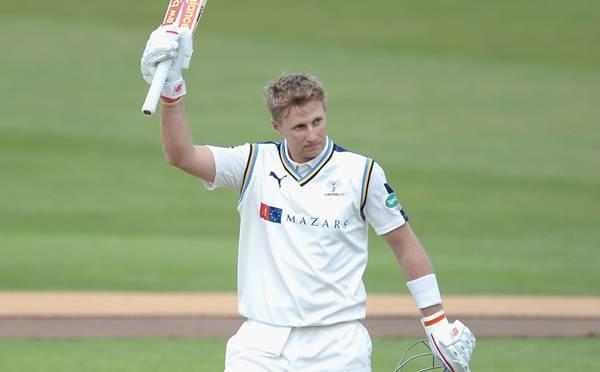 LEEDS, ENGLAND - MAY 10:  Joe Root of Yorkshire salutes the crowd after reaching his double century during day three of the Specsavers County Championship Division One match between Yorkshire and Surrey on May 10, 2016 in Leeds, England.  (Photo by Gareth Copley/Getty Images)