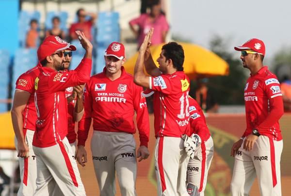 Rajkot: Kings XI Punjab celebrate fall of a wicket during an IPL match between Gujarat Lions and Kings XI Punjab at Saurashtra Cricket Association Stadium in Rajkot on May 1, 2016. (Photo Source: Surjeet Yadav/âIANS)