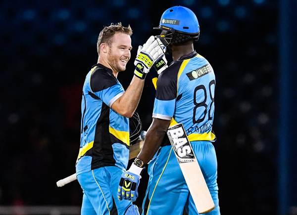 Port of Spain , Trinidad And Tobago - 29 June 2016; David Miller (L) and Darren Sammy (R) of St Lucia Zouks celebrate winning Match 1 of the Hero Caribbean Premier League between Trinbago Knight Riders and St Lucia Zouks at the Queen's Park Oval in Port of Spain, Trinidad. (Photo By Randy Brooks/Sportsfile via Getty Images)