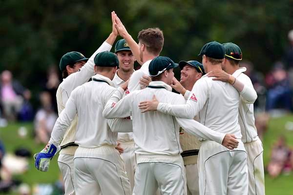 Australian players celebrate New Zealand's Tim Southee being caught during day four of the second cricket Test match between New Zealand and Australia at the Hagley Park in Christchurch on February 23, 2016. AFP PHOTO / MARTY MELVILLE / AFP / Marty Melville (Photo credit should read MARTY MELVILLE/AFP/Getty Images)
