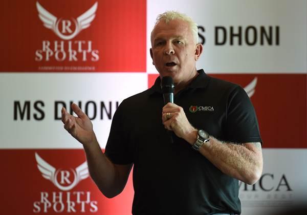 Former Australian cricketer Craig McDermott speaks during a promotional event in New Delhi on July 20, 2016. Former Australia cricketer Craig McDermott has heaped praise on Mitchell Starc ahead of the three-Test series in Sri Lanka, saying the pacer can easily cross the 300-wicket mark. / AFP / Prakash SINGH (Photo credit should read PRAKASH SINGH/AFP/Getty Images)