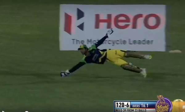 Kumar Sangakkara dives to take the catch of Kevon Cooper off the bowling of Andre Russell in the Carribean Premier League.