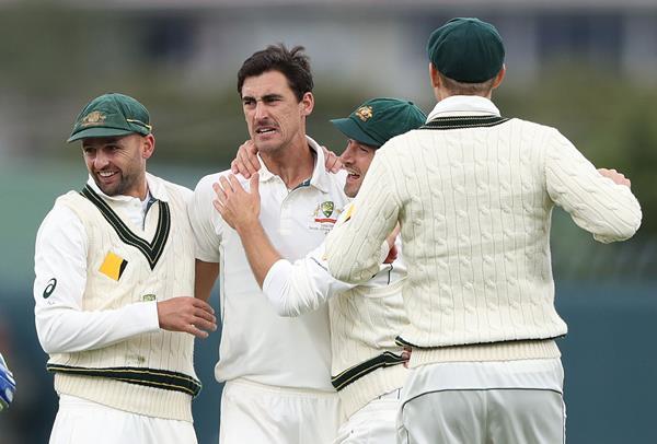 HOBART, AUSTRALIA - NOVEMBER 12:  Mitchell Starc of Australia celebrates after taking the wicket of Jean-Paul Duminy of South Africa during day one of the Second Test match between Australia and South Africa at Blundstone Arena on November 12, 2016 in Hobart, Australia.  (Photo by Robert Cianflone/Getty Images)