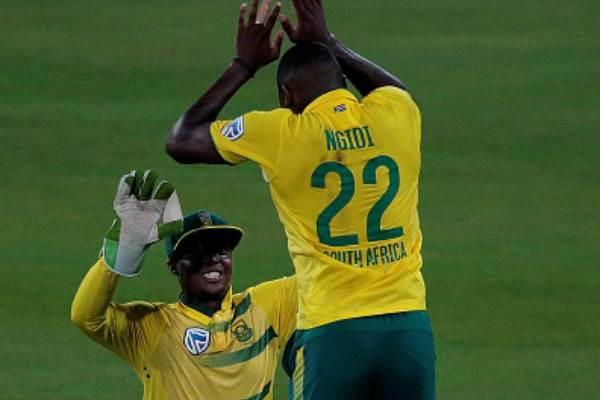 South Africa's Lungi Ngidi celebrates the wicket