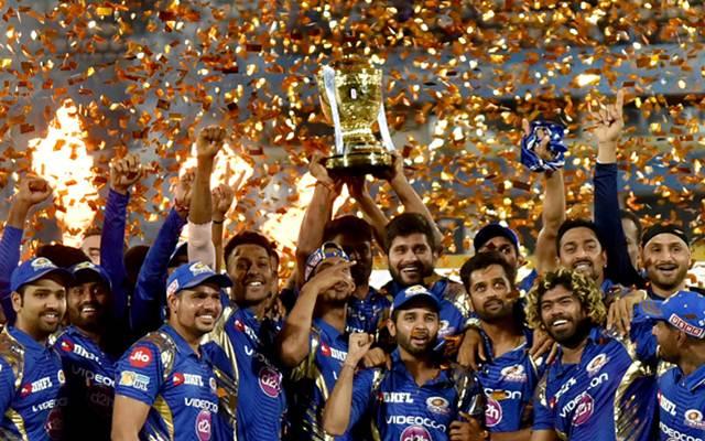 Mumbai Indians celebrate with IPL 2017 trophy