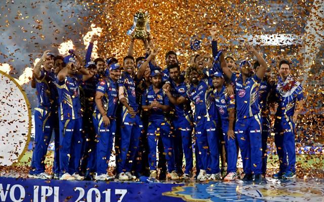 Mumbai Indians celebrate with IPL 2017 trophy