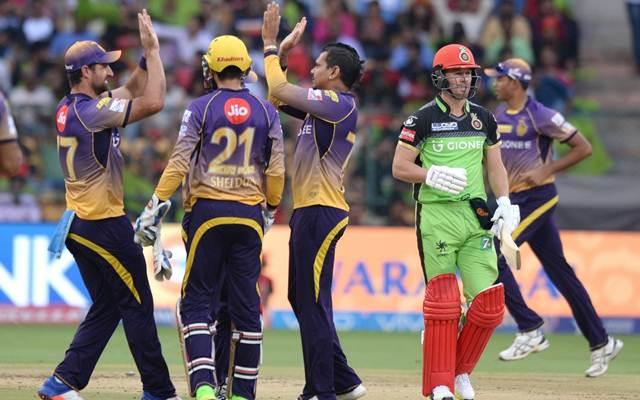 Sunil Narine of Kolkata Knight Riders celebrates fall of Ab de Villiers' wicket.