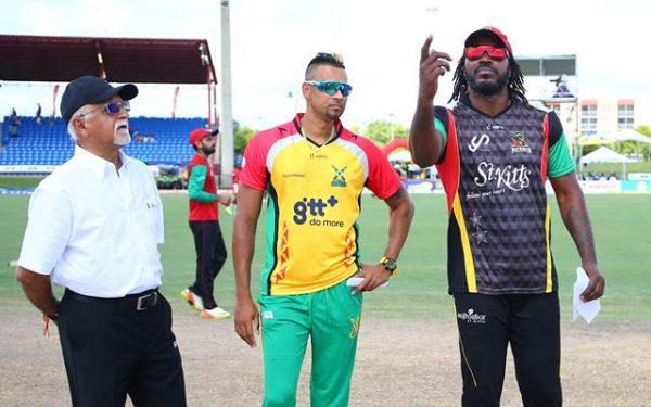 Chris Gayle of St Kitts and Nevis Patriots and Rayad Emrit