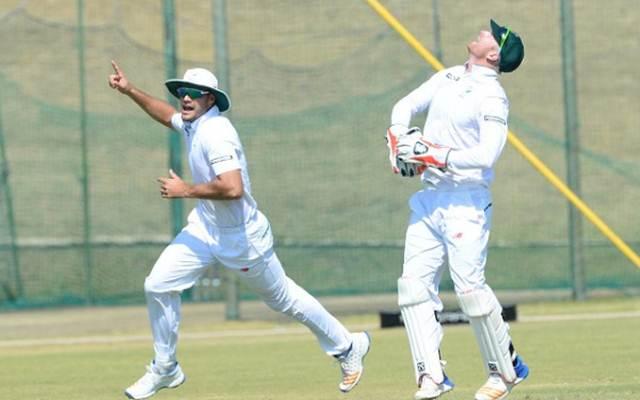 Heinrich Klaasen and Aiden Markram of South Africa A celebrate the wicket of Sudip Chatterjee of India A
