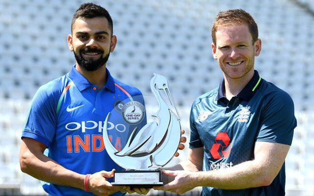 India captain Virat Kohli and England captain Eoin Morgan hold the Royal London series trophy at Trent Bridge on July 11, 2018 in Nottingham, England. (Photo by Gareth Copley/Getty Images)
