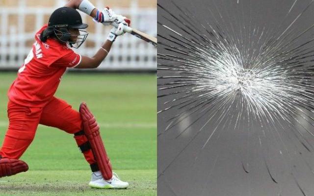 Harmanpreet Kaur breaks the glass of a car during Kia Super League