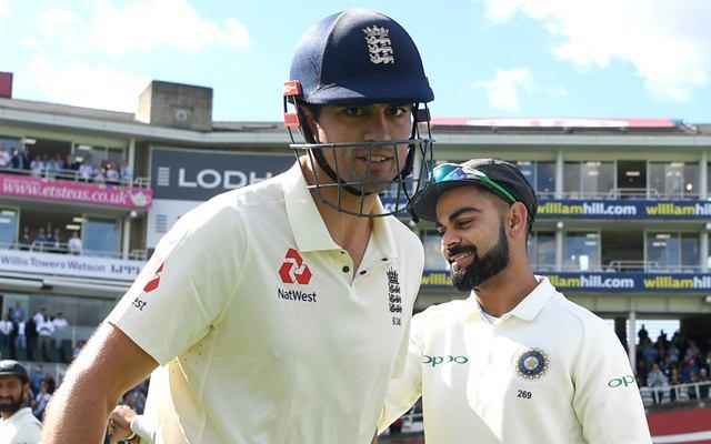 Alastair Cook of England shakes hands with Virat Kohli of India