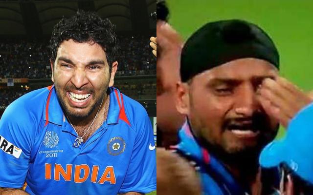 Yuvraj and Harbhajan after winning the WC in 2011