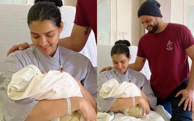 Priyanka Raina and Suresh Raina with their newborn baby