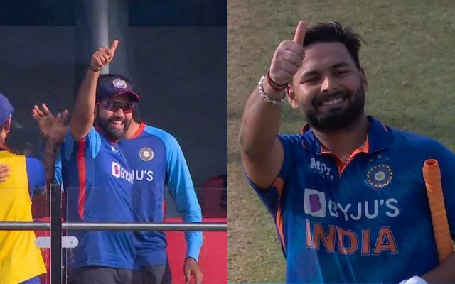 Captain Rohit Sharma and Rishabh Pant exchange thumps up after the victory