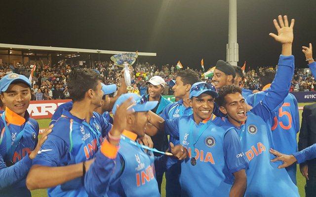 India U19 boys and fielding coach Abhay Sharma pose for a picture after the series win