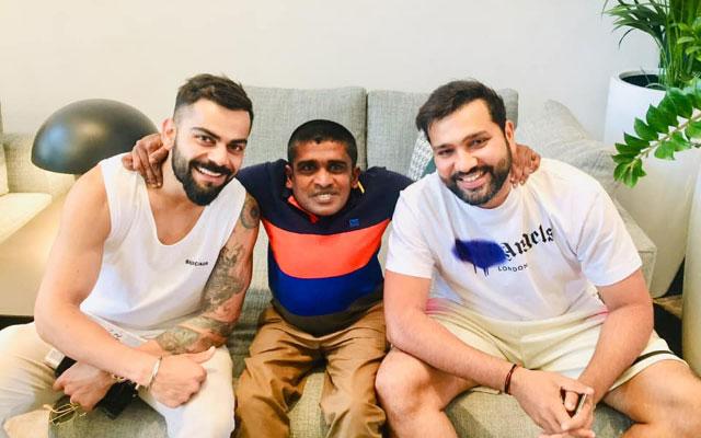 Rohit Sharma and Virat Kohli with a Sri Lankan fan Gayan Senanayake