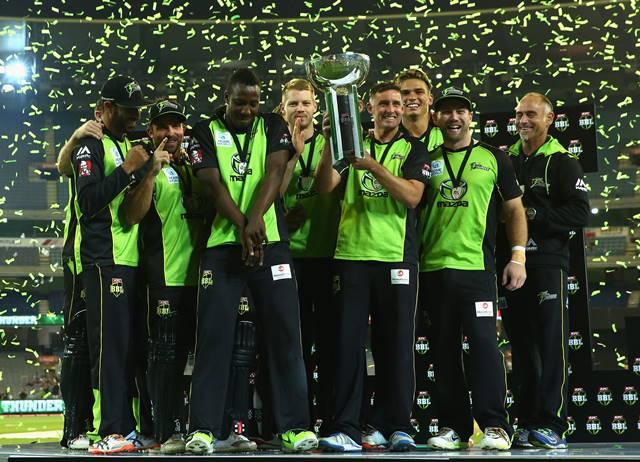 MELBOURNE, AUSTRALIA - JANUARY 24: The Sydney Thunder celebrate after winning the Big Bash League final match between Melbourne Stars and the Sydney Thunder at Melbourne Cricket Ground on January 24, 2016 in Melbourne, Australia. (Photo by Robert Cianflone - CA/Cricket Australia/Getty Images)