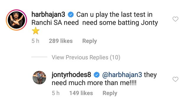 Harbhajan Singh's comment & Jonty Rhodes reply